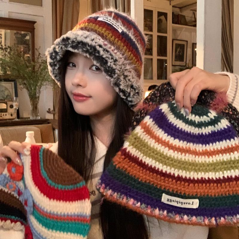 Wake up dopamine color retro handmade warm plush hat women's autumn and winter wool hat knitted bucket hat cold hat