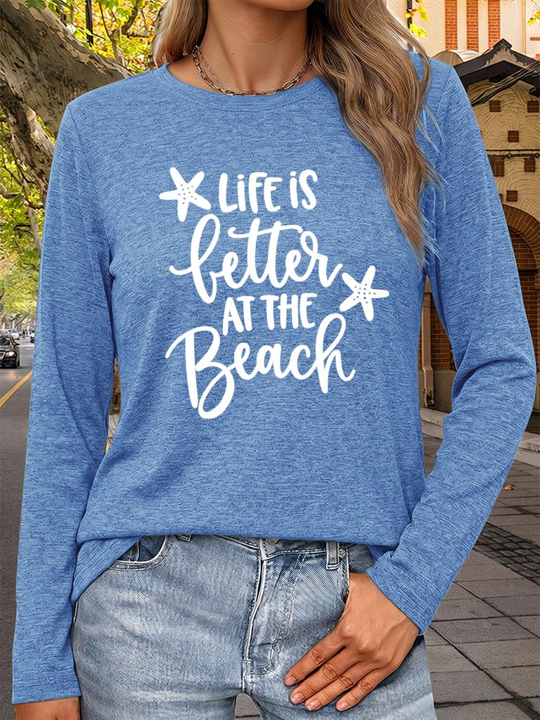 Women's Casual Long Sleeve Tee with Beach Life Print & Starfish Design, Crew Neck Soft Pullover for Commute Vacation Outdoor Daily Wear Gift