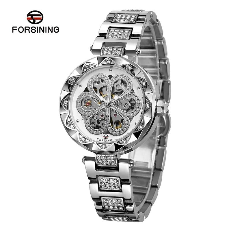 Forsining Elegant Fashion Women Automatic Mechanical Watches Luxury Diamond Stainless Steel Waterproof Ladies Stylish Wristwatch