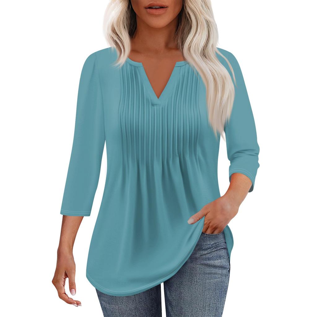 Women's Fashionable Casual Pleated V Neck Solid Color Seven Quarter Sleeve T-shirt Top