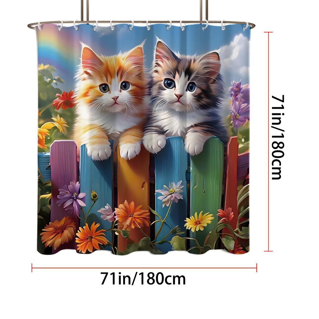 1PC Spring Day, Cat Pattern Printed Shower Curtain, Waterproof, with 12 Hooks, for Bathroom Showers, Bathtub, Home Use