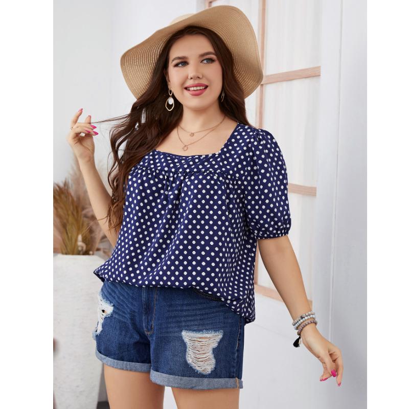 Летние женские свободные повседневные топы в горошек размера плюс, женские шифоновые футболки с круглым вырезом и короткими рукавами с решетчатым принтом для мамы
