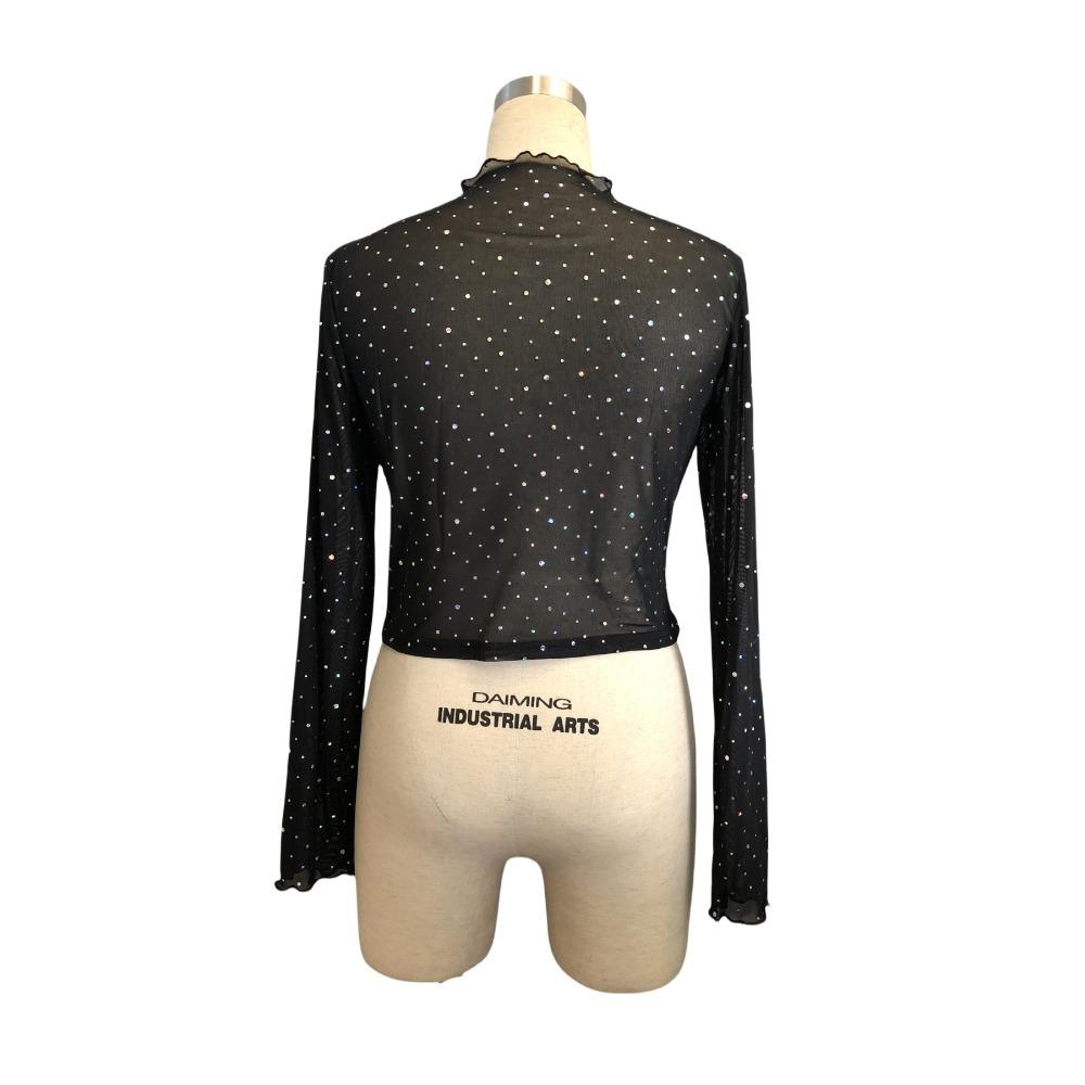 Футболка женская весна/лето с небольшим воротником-стойкой, длинными рукавами, прозрачная сетка, украшенная пайетками