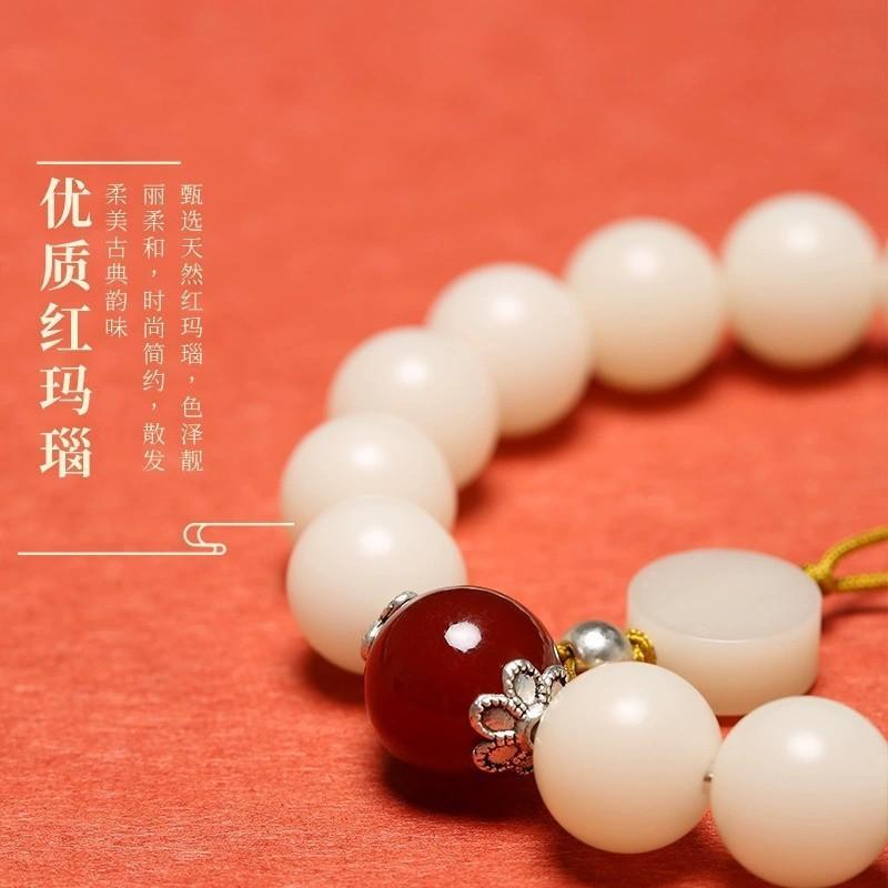 Putuo 18-seed Bodhi Bracelet for Women, Natural White Jade Bodhi Bracelet, Authentic Hand-held Cinnabar Bracelet, Gift for Men