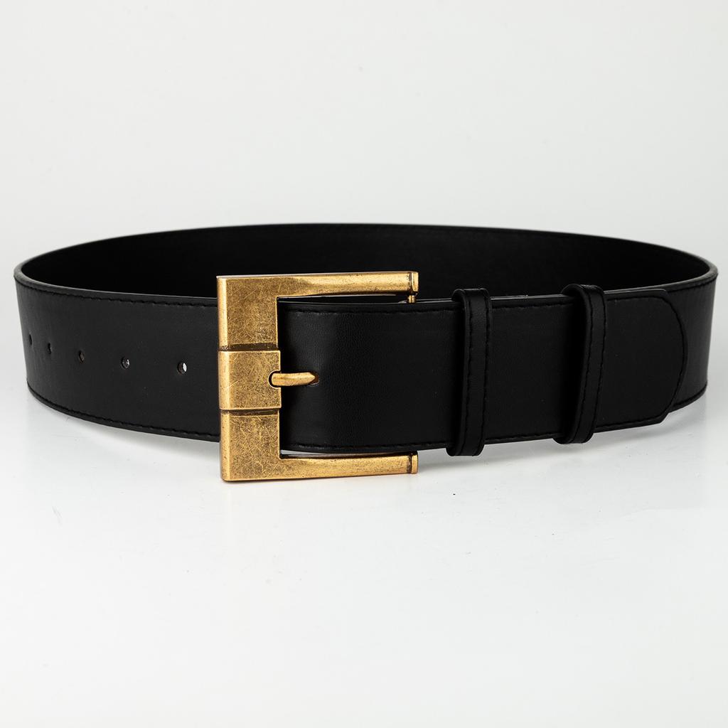 48mm Thick PU Band Belts for Women Solid Sewed PU Old Gold Metal Pin Buckle Belts