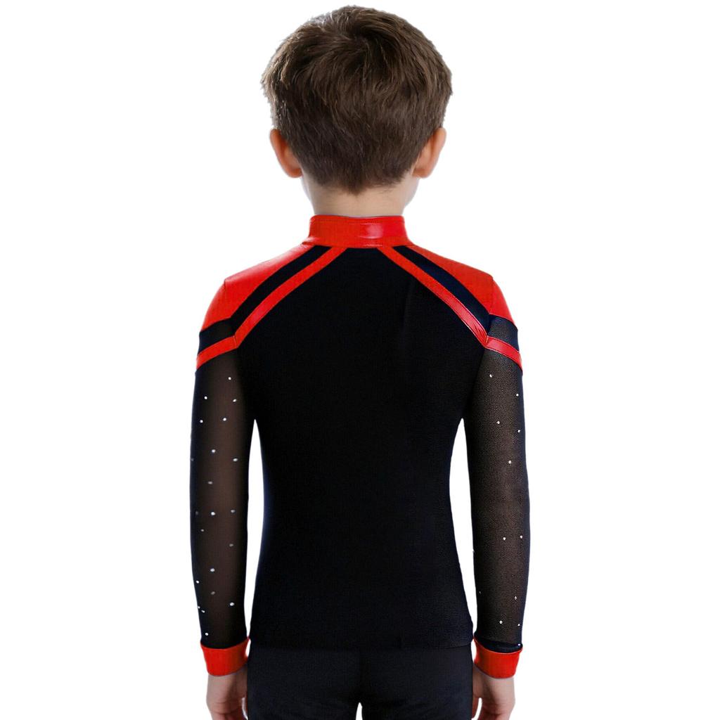 Boys Skating Performance Top: V-Neck Long Sleeve Rhinestone Color Block with Split Hem for Competition Costume