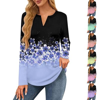 Женская футболка с принтом, длинный рукав, повседневная, выходного дня, модная, базовая, с V-образным вырезом, обычная, топ