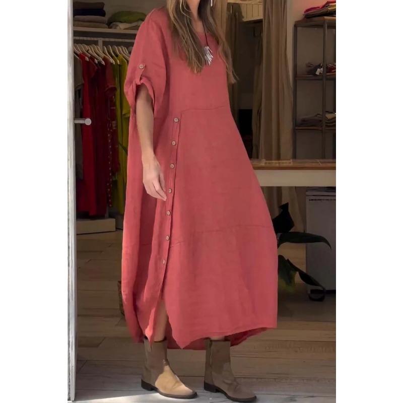 Women's Summer Style Loose Casual Solid Color Short-sleeved Cotton Linen Dress