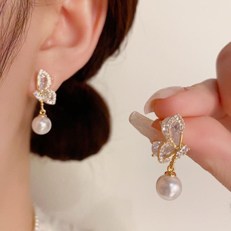 Zircon Butterfly Pearl Drop Earrings Elegant Luxury Fashion Earrings For Women