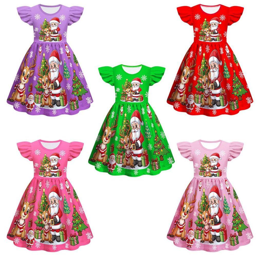 Kids Girls Cartoon Santa Claus Christmas Tree Elk Print Ruffle Sleevess New Year Dress