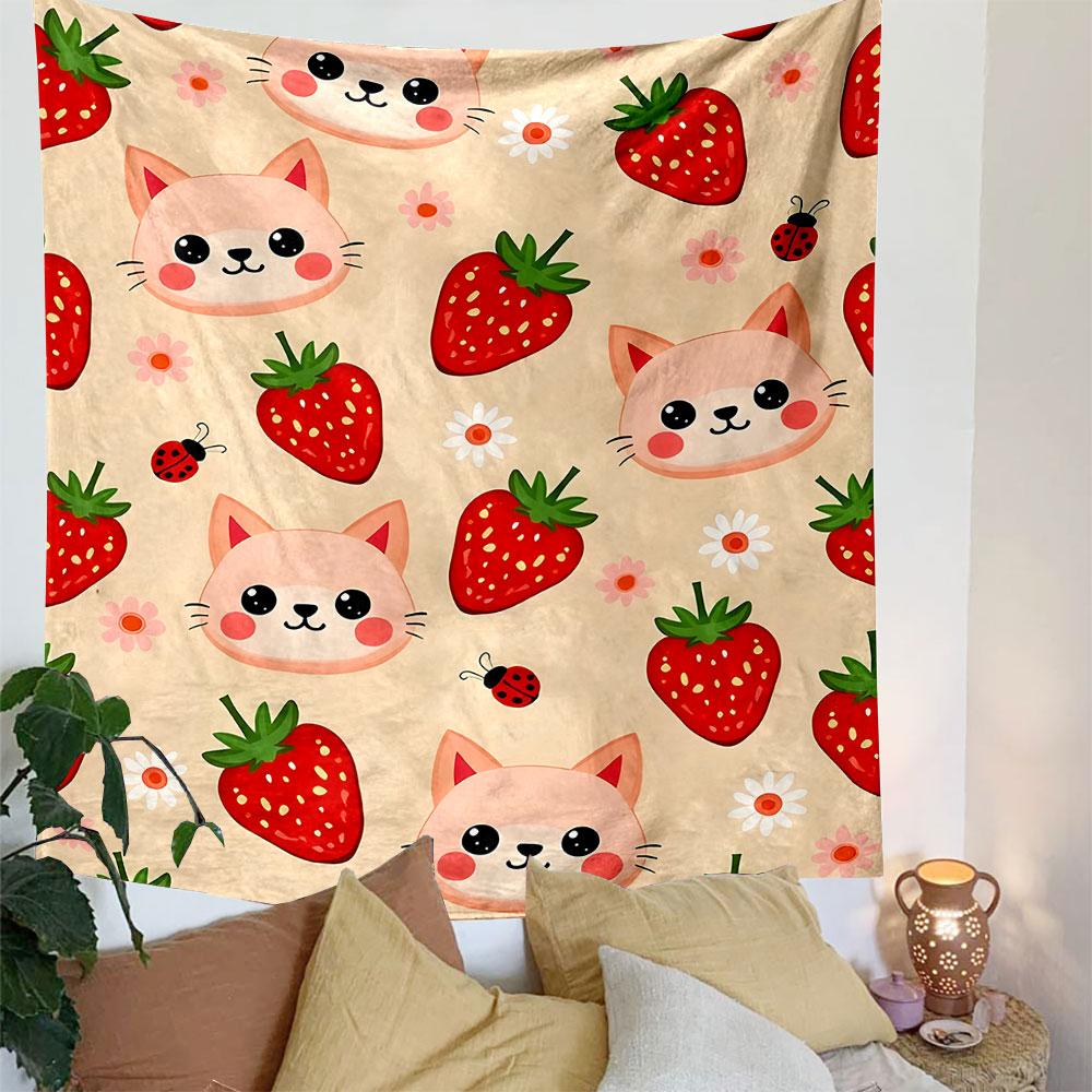 Cute Cats, Strawberries, and Ladybugs Patterned Tapestry Decorative Wall Hanging, Home Bedroom Living Room Decor