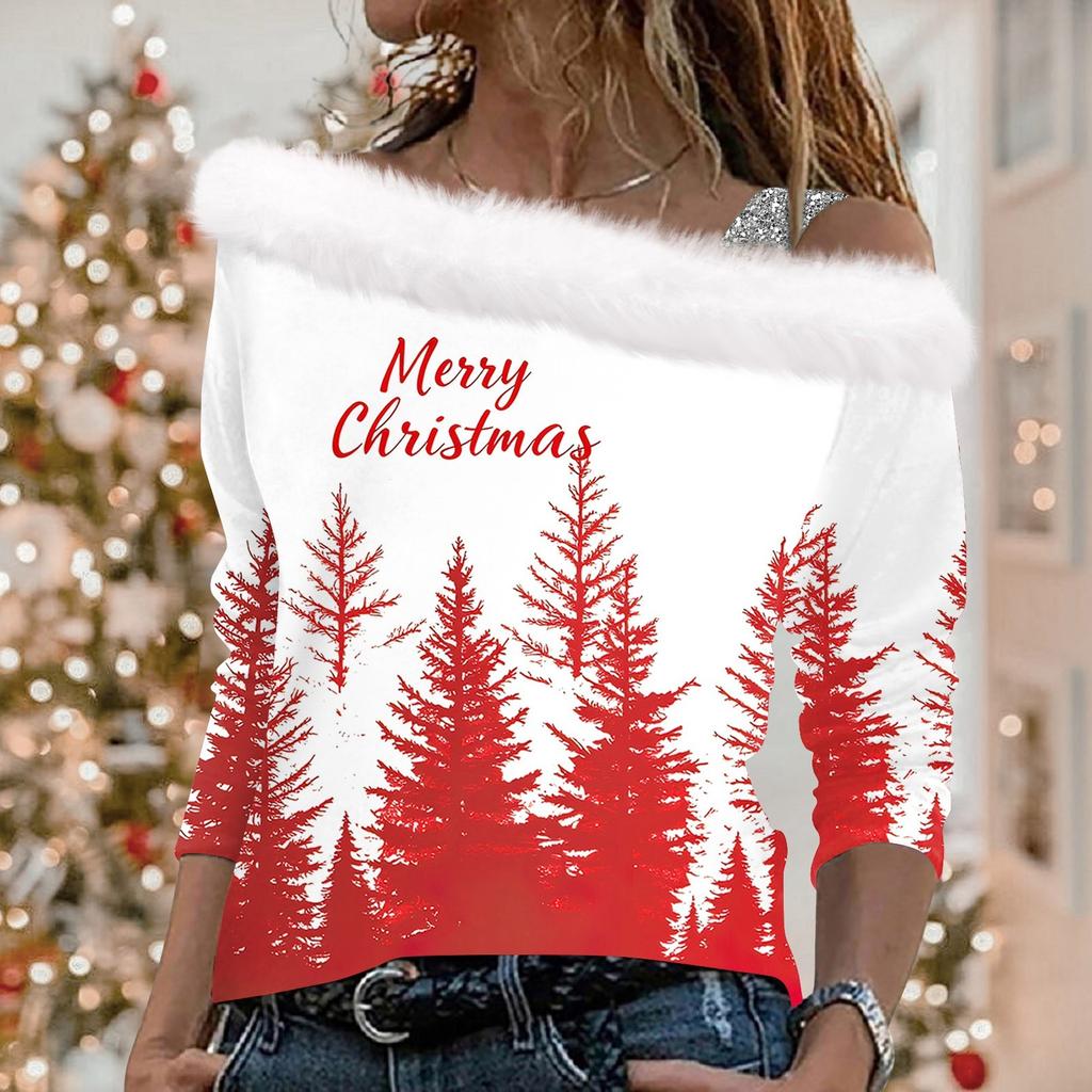 Женские топы с длинным рукавом, модные женские свободные пуловеры с рождественским принтом и открытыми плечами