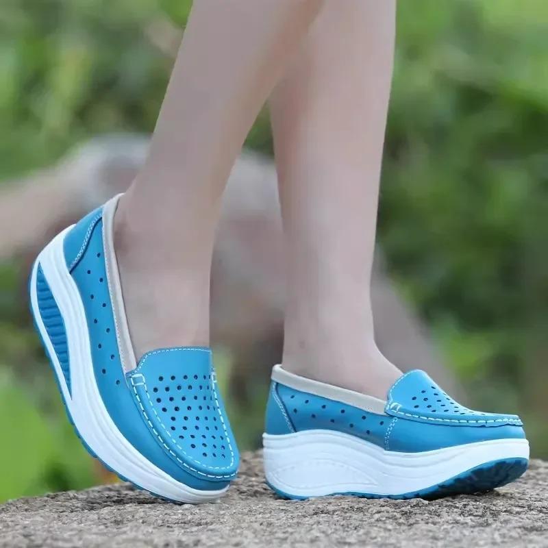 Женская обувь летняя женская кожаная обувь на платформе большого размера медсестра танкетка женская сетка дырка рабочая обувь на плоской подошве