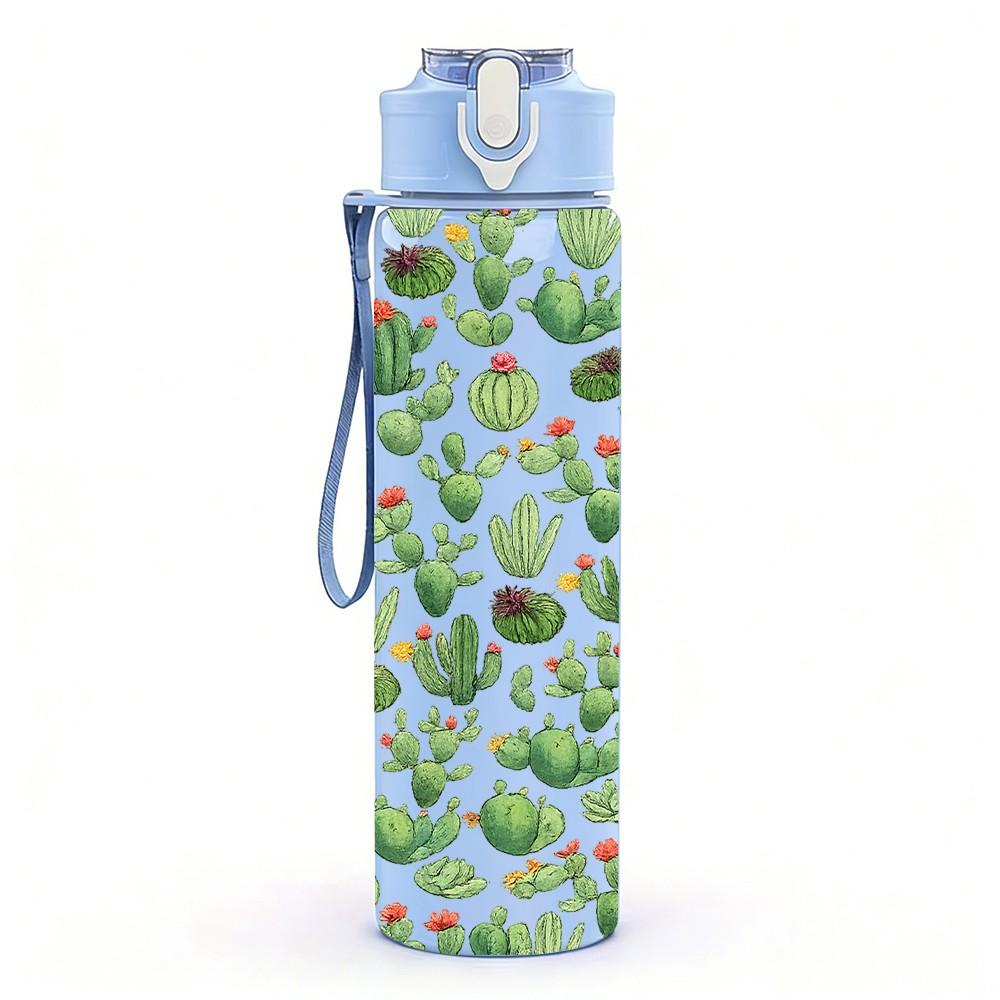 1PC Green Cactus Desert Plant Pattern 750ml Color Plastic Sports Water Bottle Leakproof Flip Straw Lid Suitable for Sports Office Home Use