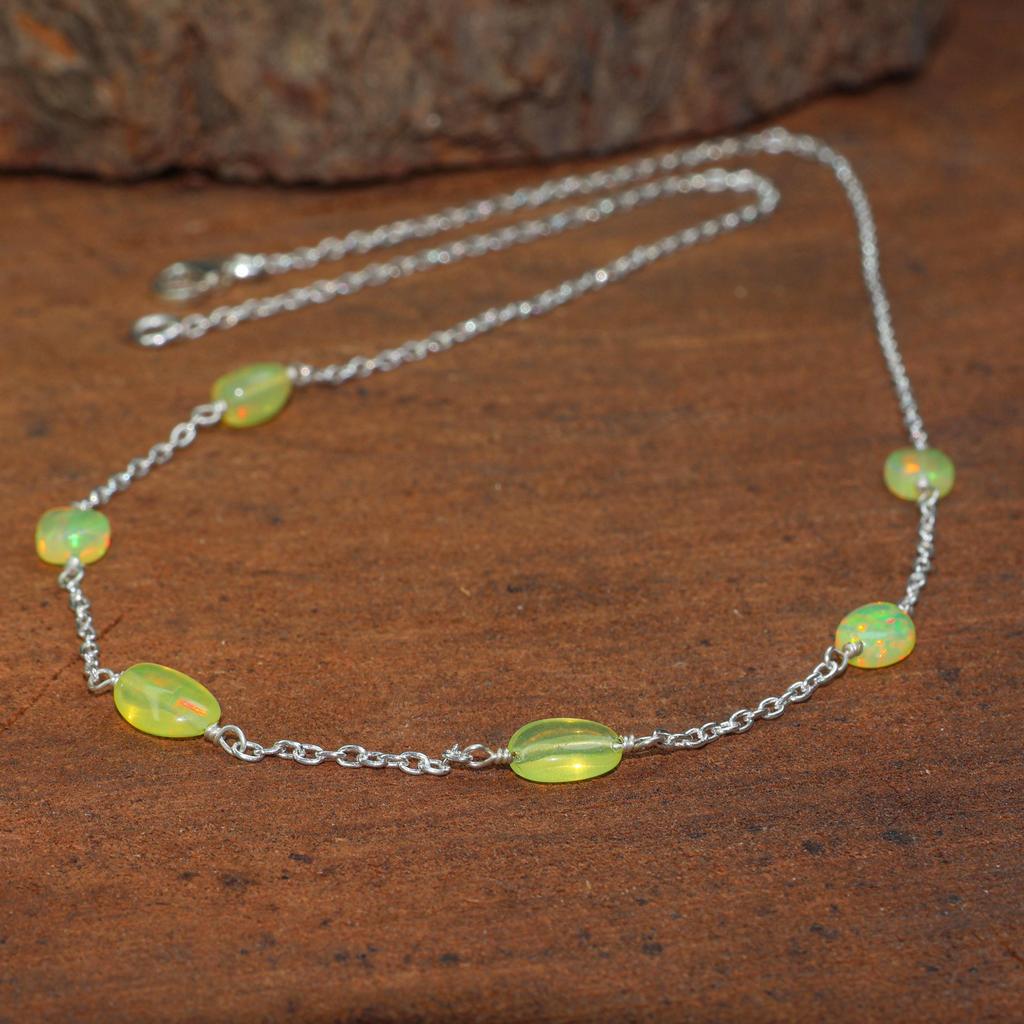 Fire Yellow Opal Tumble Bead Necklace: Sterling Silver, Delicate Gemstone
