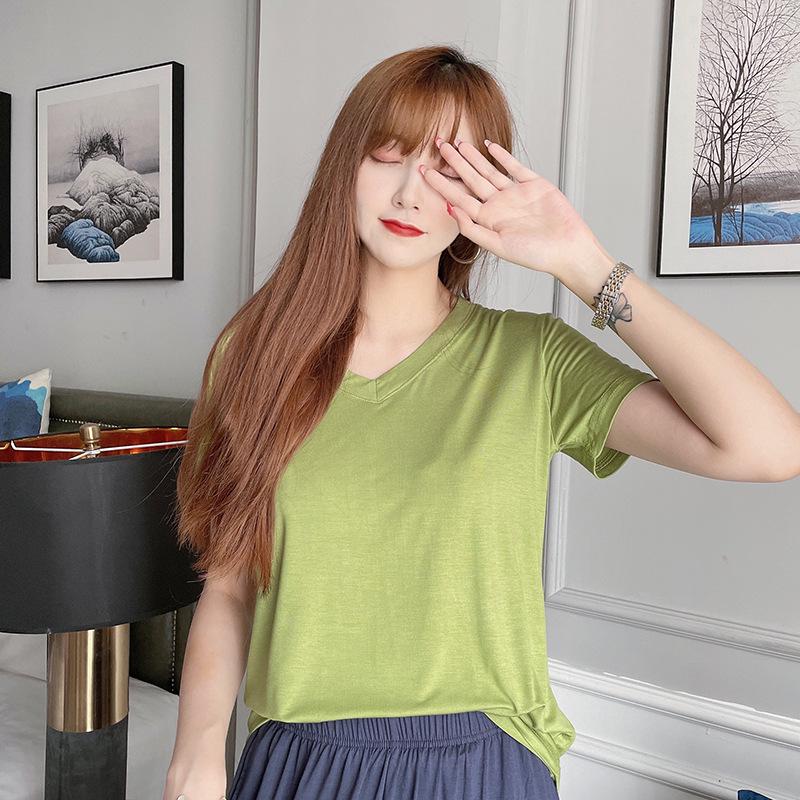 New Summer V-Neck Women's Loose Fit Modal T-Shirt - Solid Color, Short Sleeve Basic Top