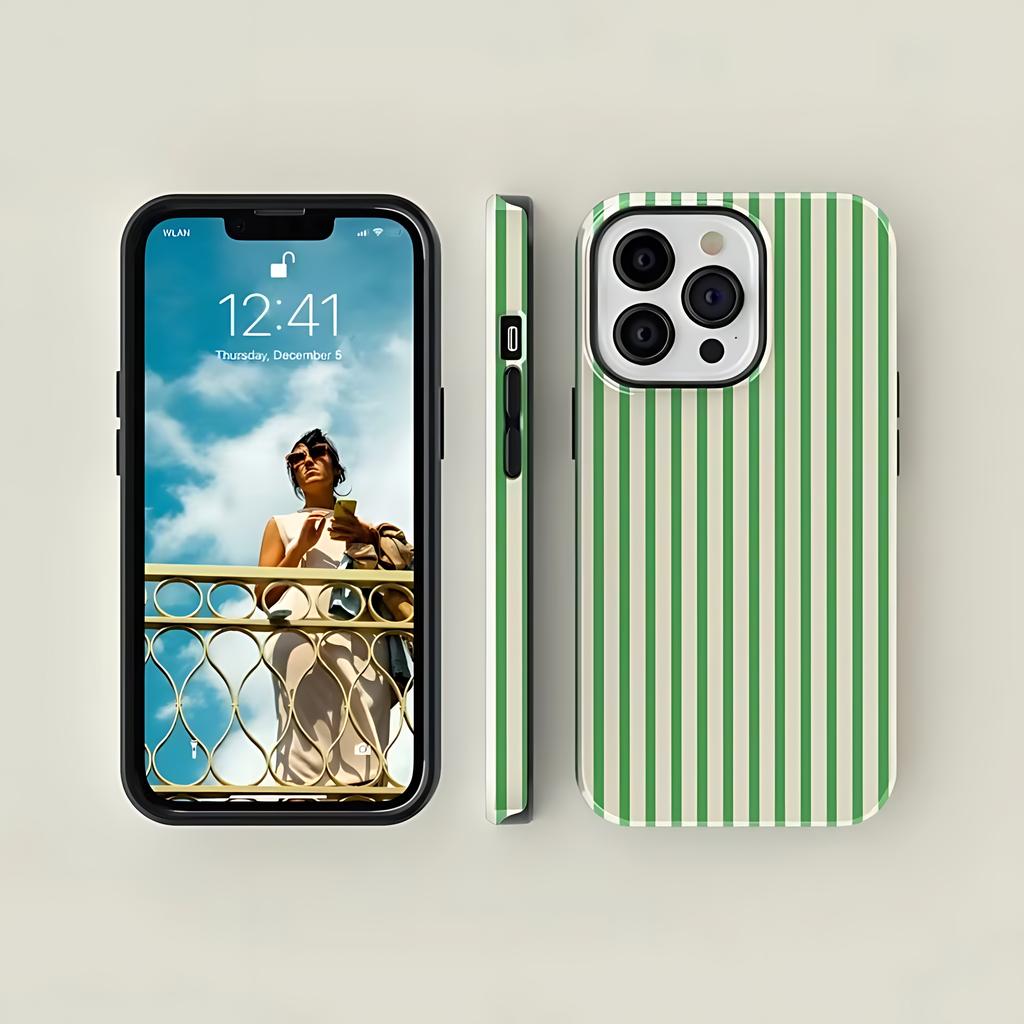 Полосатый Зелено-Бежевый Чехол для Телефона для iPhone 17 17e 16e 16 15 14 13 12 11 X XS XR XSMAX 8 Air Pro Max Plus Двухслойная Задняя Крышка