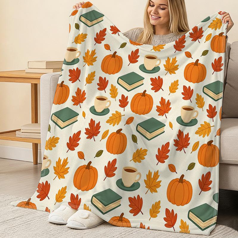Autumn Themed Flannel Throw Blanket Thick, Soft & Warm Single Size, Ideal for Home Leisure, Guest Room Backup, Cozy Relaxing Vibe