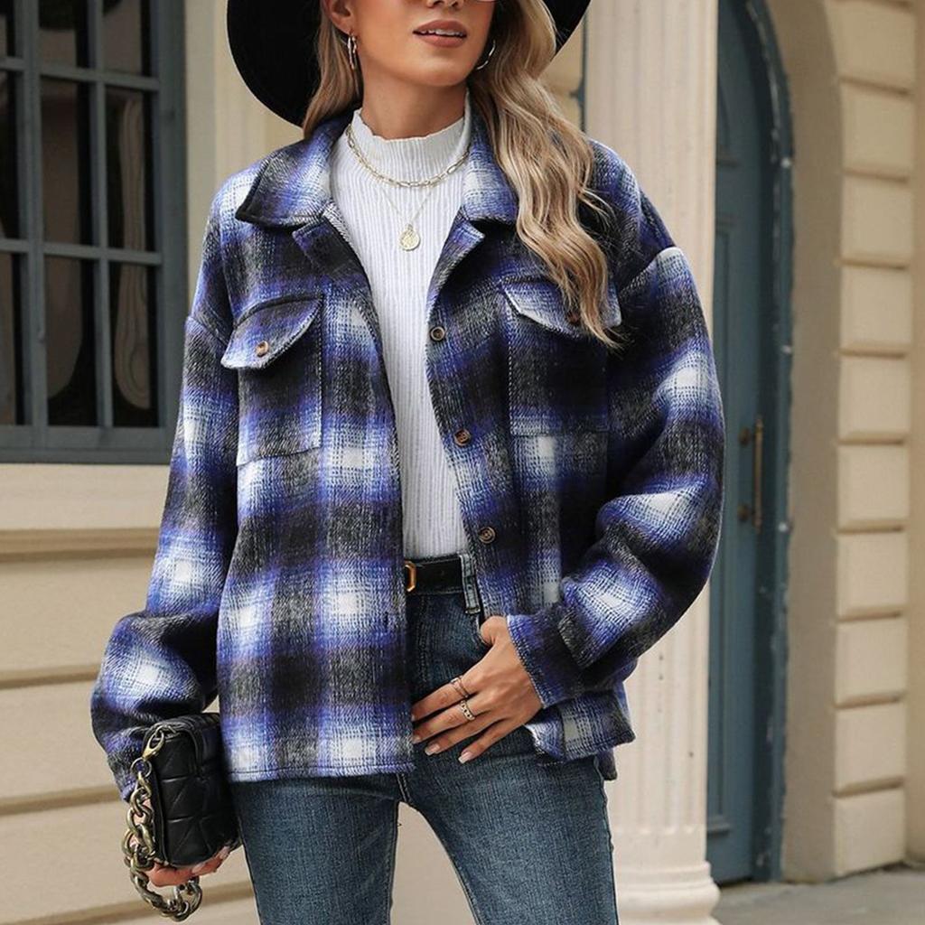 Женская свободная повседневная клетчатая шерстяная куртка с длинными рукавами и лацканами, модная куртка