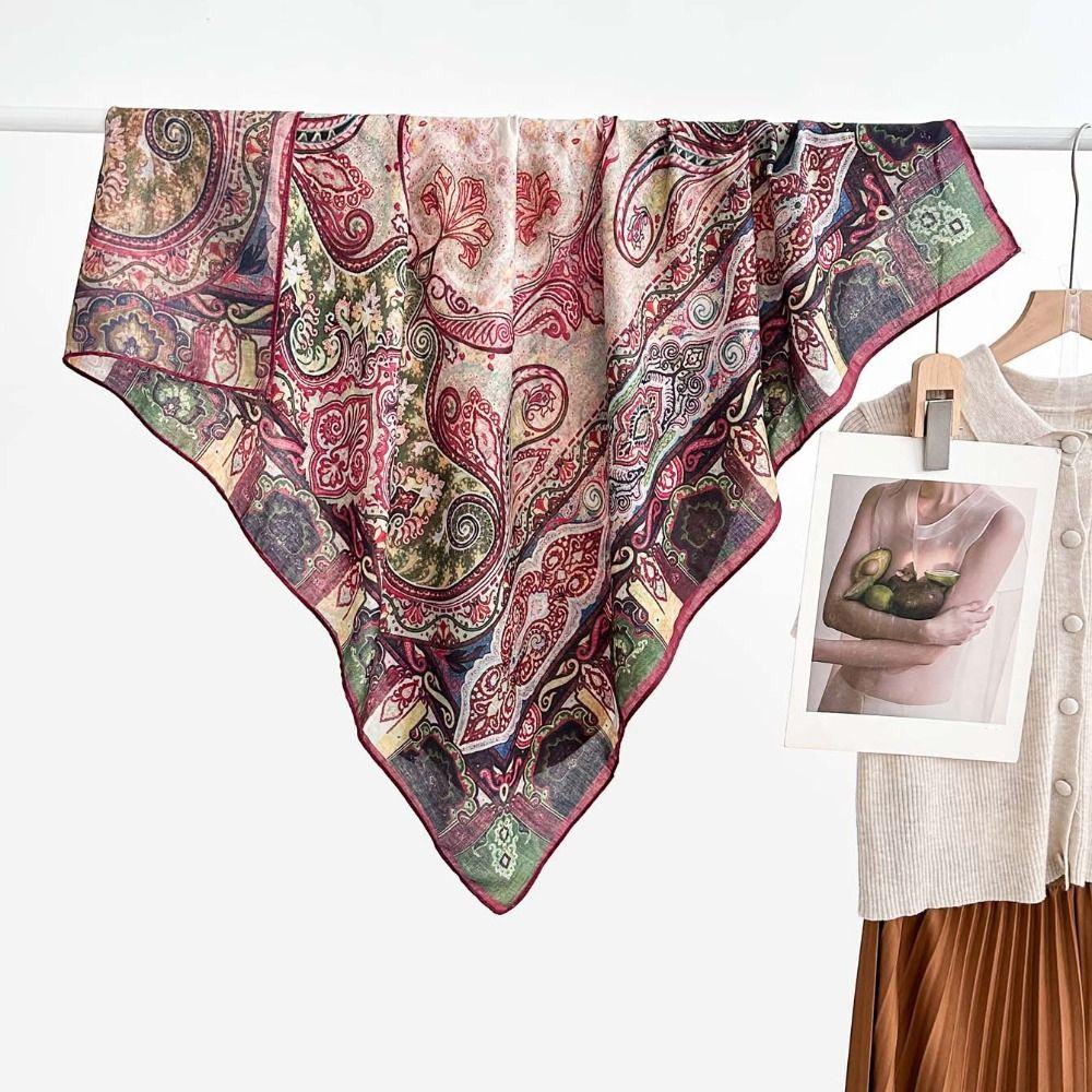 Lightweight Double-sided Printed Silk Scarf Breathable Retro Patterned Square Shawl Spring