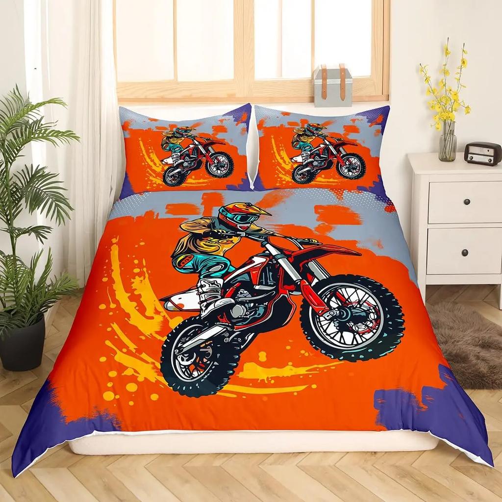 3pcs Cool Motorbike Bedding Set Dirt Bike Duvet Cover Twin Motocross Rider Comforter Cover Extreme Sports For Boys Adults