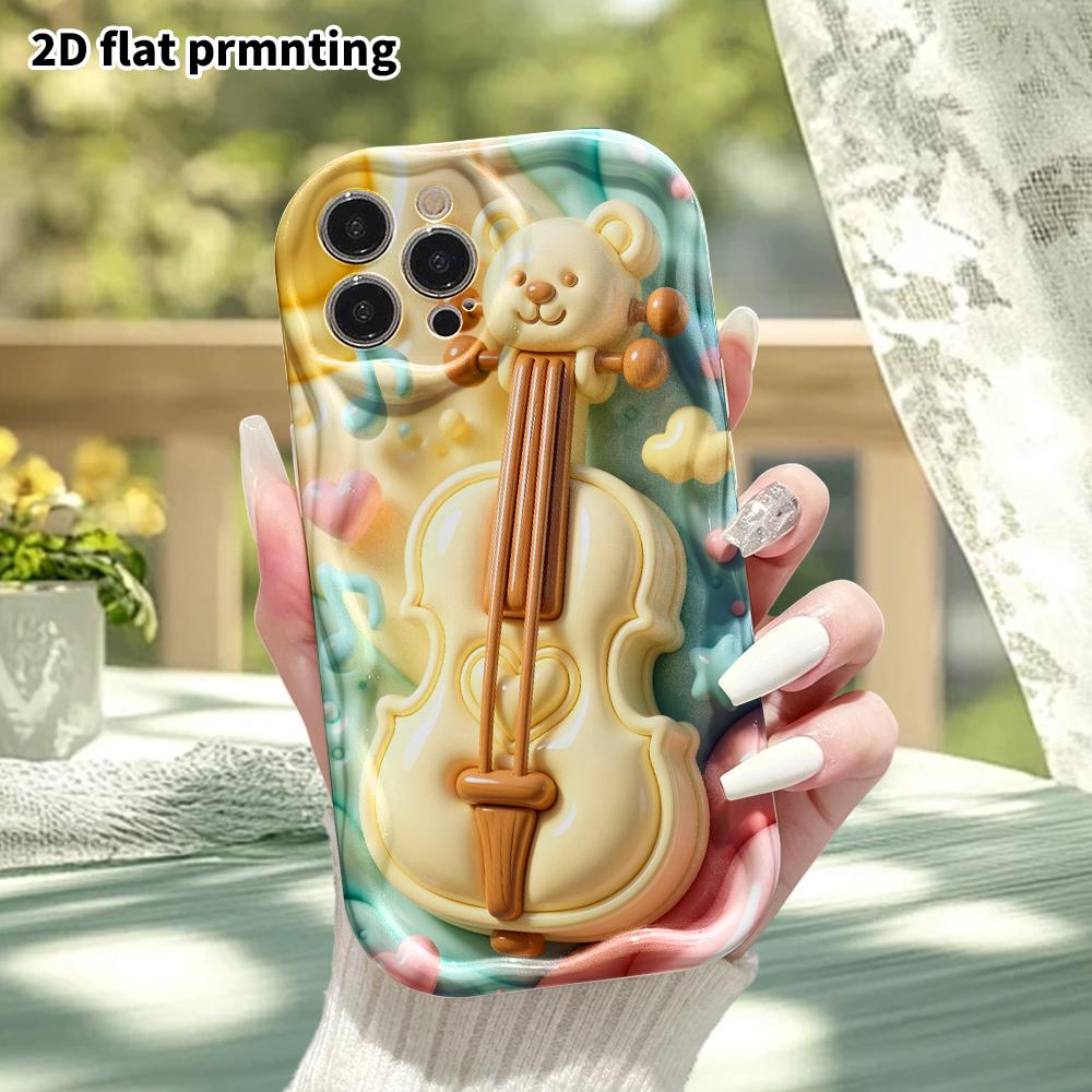 Phone Case: 2D flat design suitable for iPhone 18 17 16 15 14 13 Pro protective case, little bear with violin, perfect Christmas and Halloween holiday