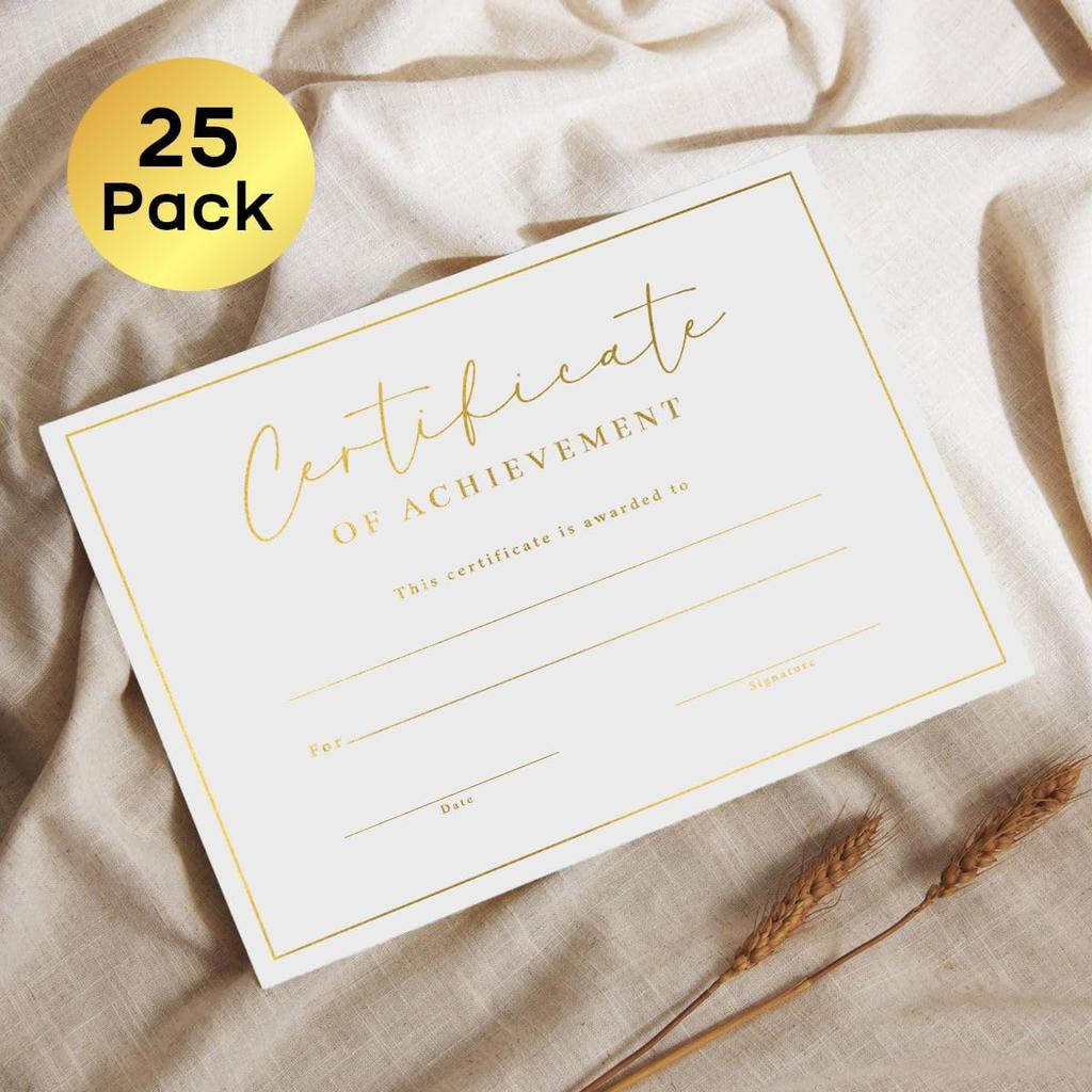 Certificate of Achievement Awards, 25 Blank Certificates of Achievement with Gold Foil Design, 8.5x11", Award Certificates for Students, Recognition,