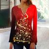 Женская модная рождественская футболка с v-образным вырезом и длинными расклешенными рукавами, плиссированная пуговица, топ