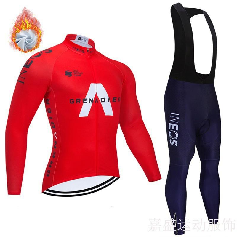 Mens Fleece Cycling Jersey Bib Tights Set Winter Thermal Long Sleeve Road Bike Riding