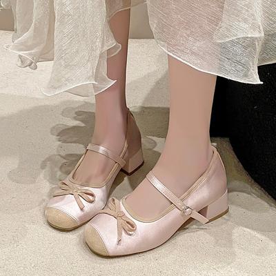 Мода 2025 Мэри Джейн Женские Туфли на Высоком Каблуке Модный Бант Круглый Носок Мелкий Ремешок с Пряжкой Массивный Каблук Туфли Модная Платье и Повседневная Обувь
