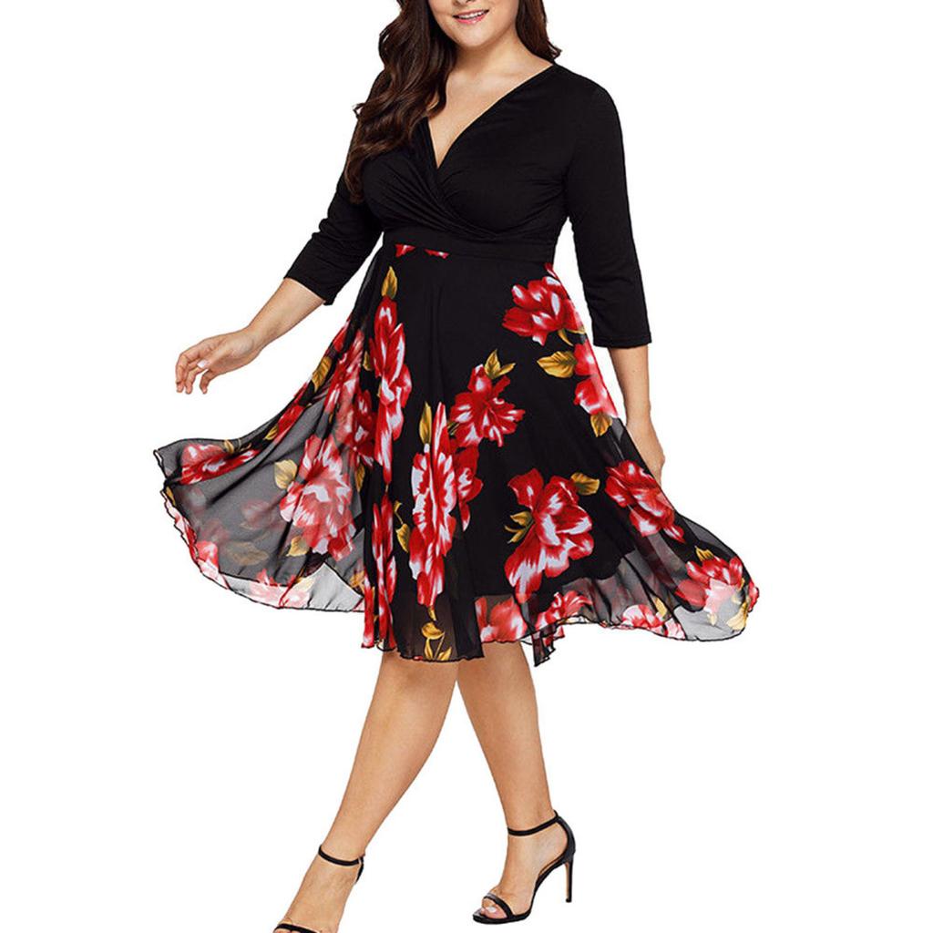 Yousheng Plus Size Dress Deep V Neck A-line Double-layered Hem Mid Sleeves Flower Printing Midi Dress Prom Party Evening Dress