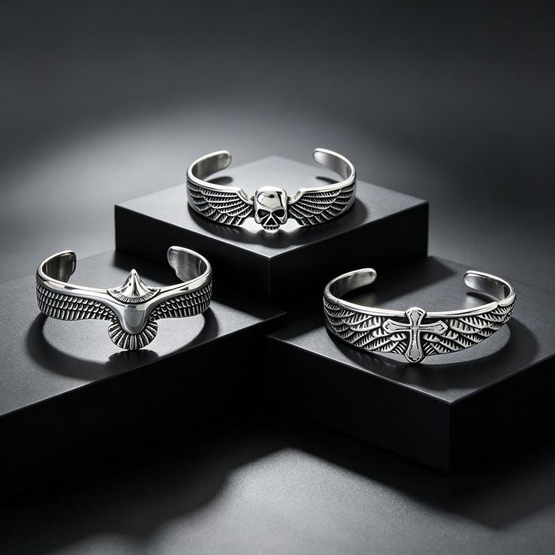 Vintage Stainless Steel Wide Open Cuff Bracelet for Men Eagle Skull Cross Angel Wing Feather Bangle Gothic Jewelry Gifts