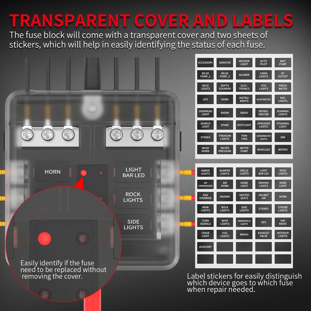 12V 6-Way Blade Fuse Block with  LED Indicator Waterproof Protection Cover and Label Sticker for Automotive Car Truck Trailer