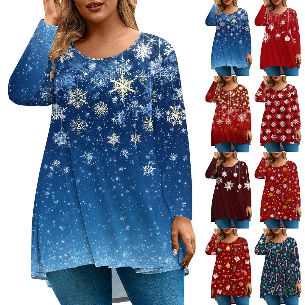 Women's Fashion Large Size Round Neck Long Sleeve Casual Christmas Print Loose Pullover Top