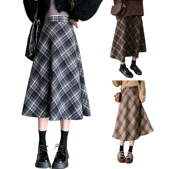 Women Midi Skirt High Waist A-Line Woolen Skirt Plaid Pattern Slimming Mid-calf Skirt Daily Home Street Wear