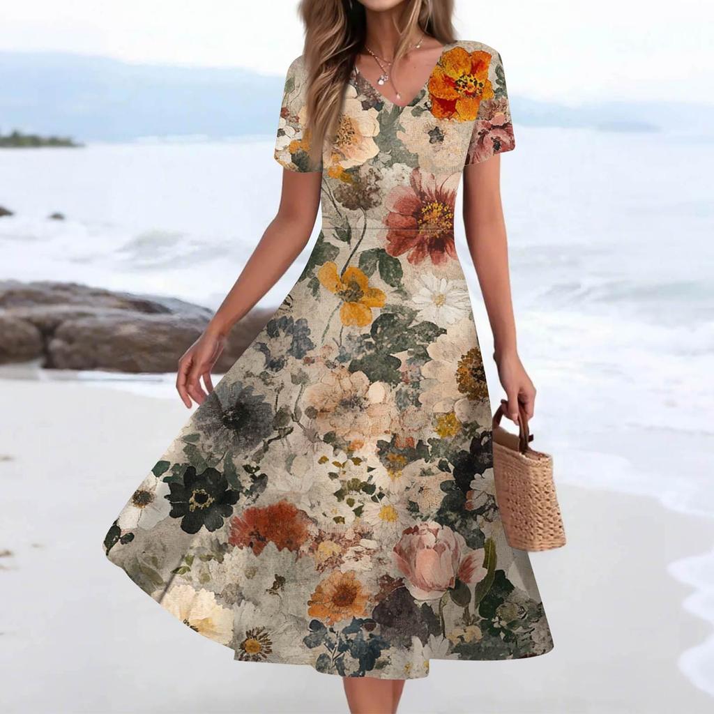 Women's Summer Casual Fashion Print Pocket Short Sleeve V-Neck Swing Dress