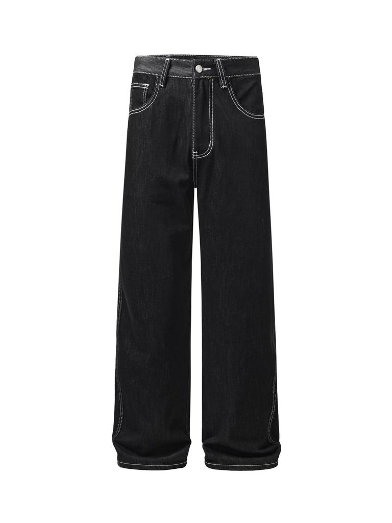 Men's 2025 White Fleece Wide Leg Black Jeans - Non-Stretch, Versatile, Casual, Loose Fit.