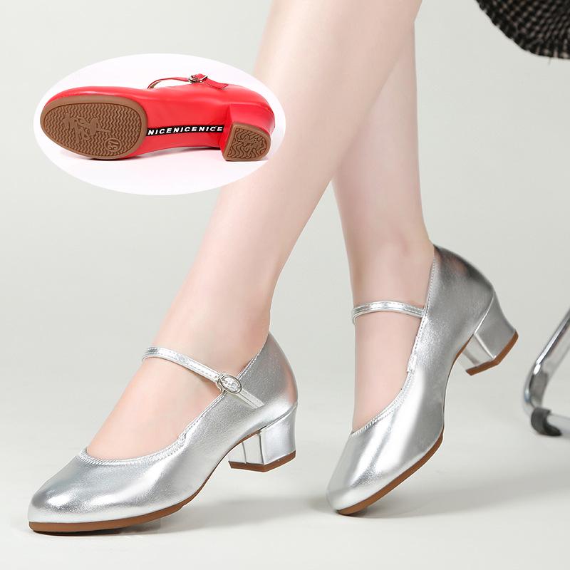 Женские серебристые туфли на среднем каблуке из мягкой кожи для бальных танцев
