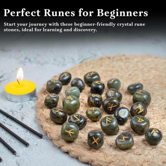 Крокон Лабрадорит Драгоценный камень Руны Старшего Футарка Символы Гравировка Набор из 25 шт Фэн-шуй Балансировка чакр : 15-20 мм