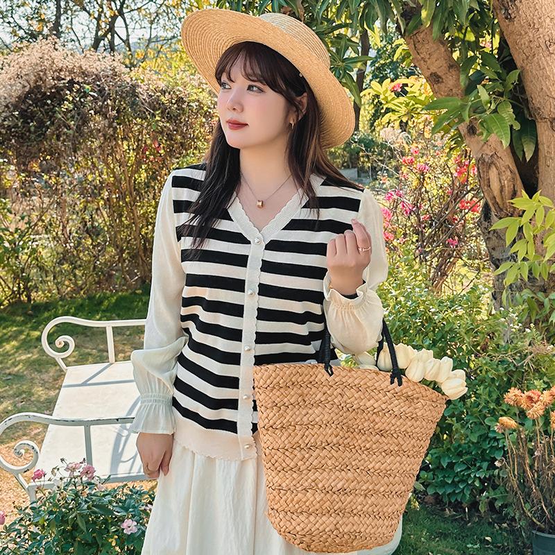 Женские топы с длинными рукавами и v-образным вырезом больших размеров, весенне-осенняя блузка, трикотаж в полоску