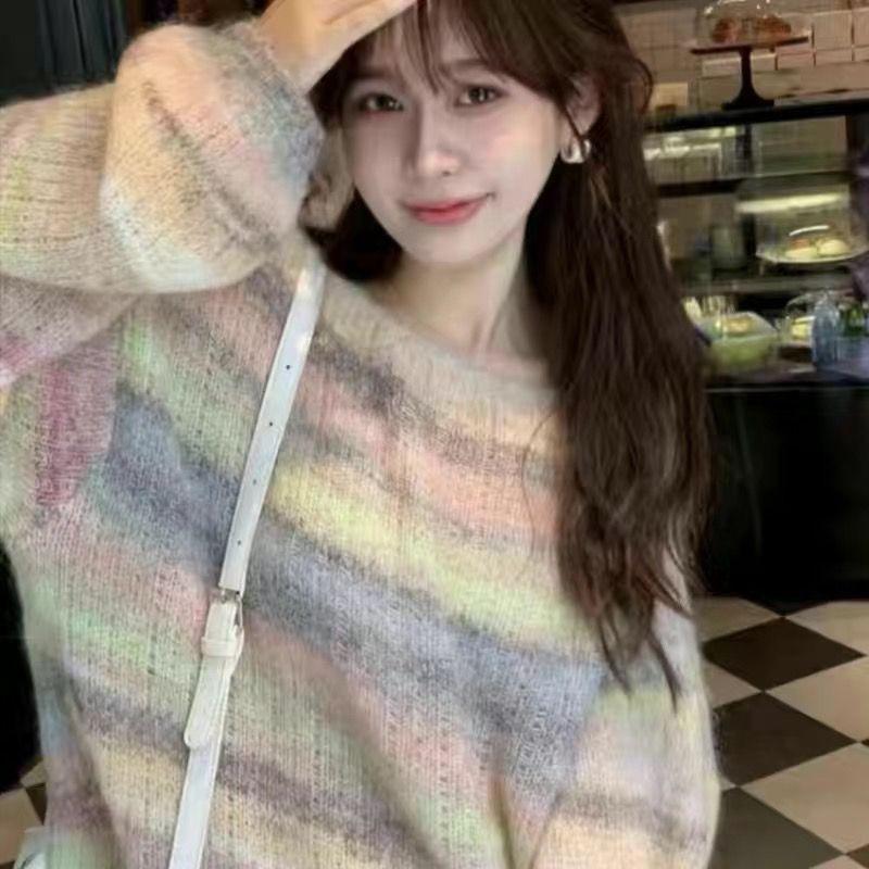 Пуловер, свитер, свободный сетчатый свитер во французском ленивом стиле, осень/зима, новый пуловер в полоску, свитер с длинными рукавами, женский топ