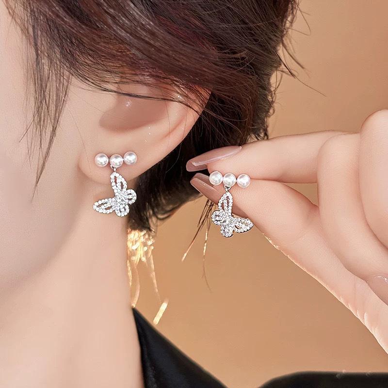 New French retro hollow bow zircon pearl earrings earclip women's light luxury high-end stud earrings women's