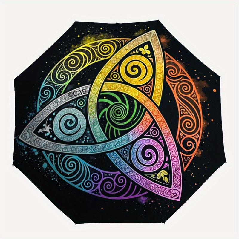 1pc Triquetra Cosmic Automatic Open/Close Folding Umbrella - 8-Rib Sturdy Compact Travel Umbrella with Vibrant Swirl Design, L