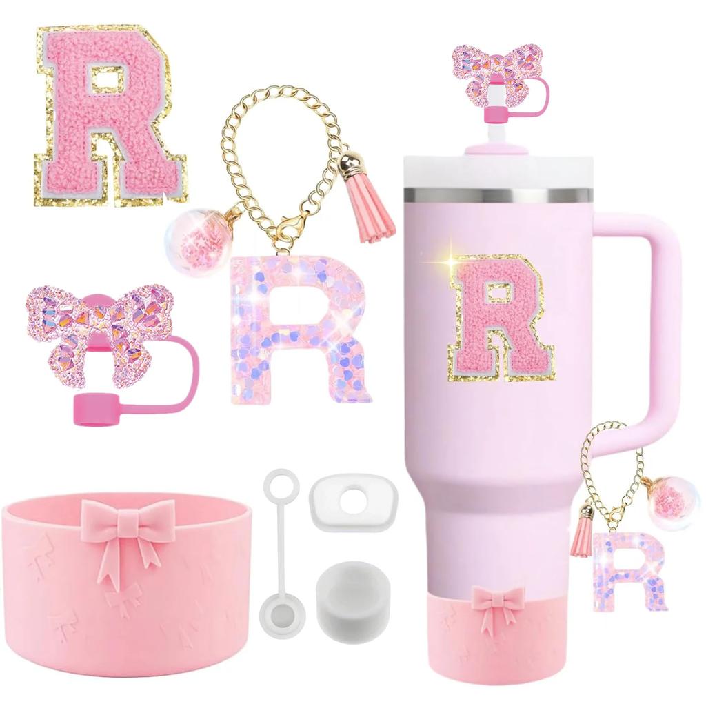 7PCS Pink Accessories for Stanley Cup 30/40 Oz Tumbler with Handle Bow Straw Topper Cover Cap Boot Initials Charm Letter Sticker