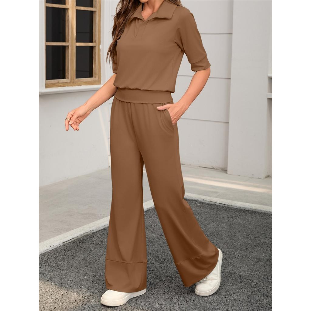  Комплект из 2 предметов. Женские повседневные брюки с короткими рукавами и лацканами, эластичные, широкие.