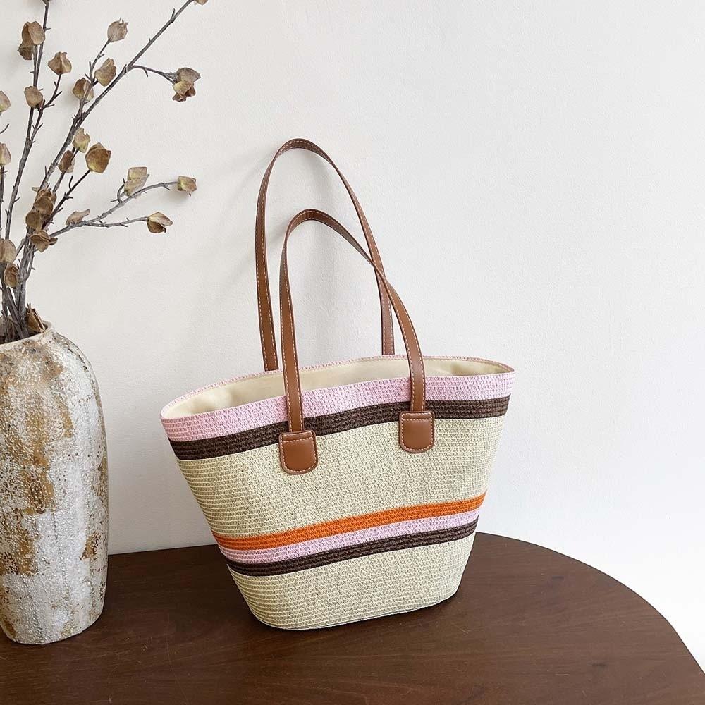 Large Capacity Shopping Straw Bag Polyester Summer Beach Handbag Stripe Woven Tote Bag Female
