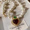 Жемчужный чокер Жемчужная цепочка Ожерелье Винтажная жемчужная цепочка для ключиц Подвеска в виде красного хрустального сердца Подарок