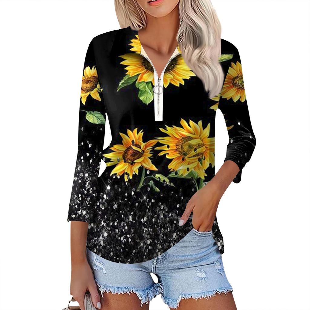 Женская повседневная футболка с v-образным вырезом и семью рукавами, пуловер с половиной молнии и принтом подсолнечника