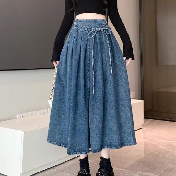 Женская осенняя длинная джинсовая юбка с высокой эластичной талией в корейском стиле, элегантные джинсовые юбки на шнуровке