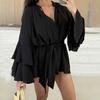 Summer Ruffle Long Sleeve Dress for Women Casual V Neck A-line Swing